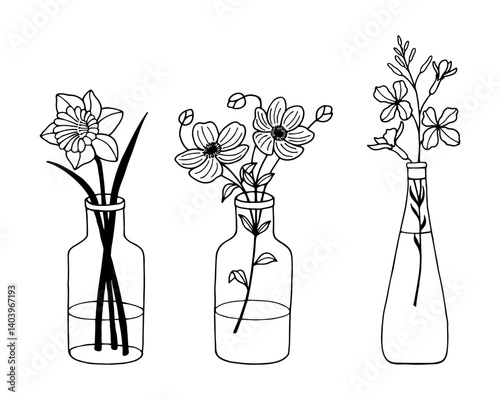 Vases with flowers. Vector stock illustration eps10, outline. Hand drawn. Adobe Illustrator Artwork