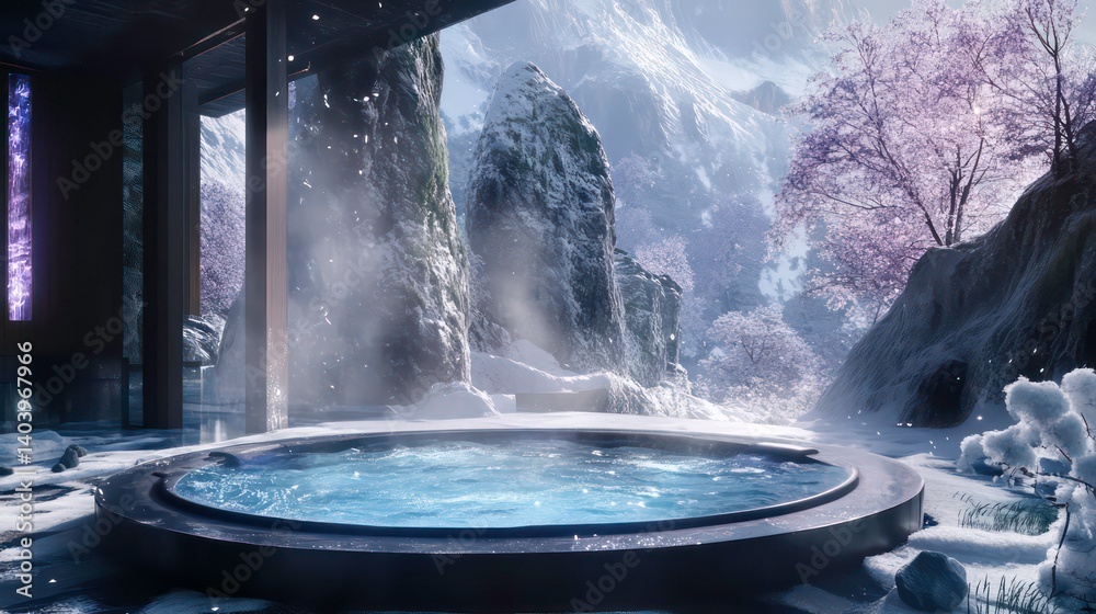 Fototapeta premium Outdoor hot tub with mountain view in winter.