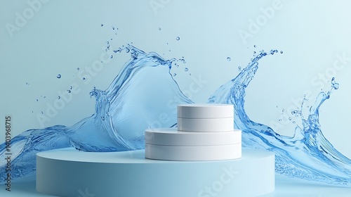 Two white jars on blue base with water splash effect