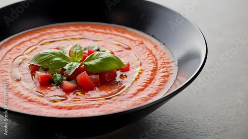 Serving Tomato Soup with Basil in Dark Bowl Close Up