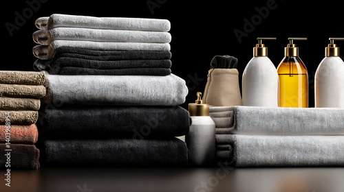 Luxury Spa Towels and Bottles on Black Background

