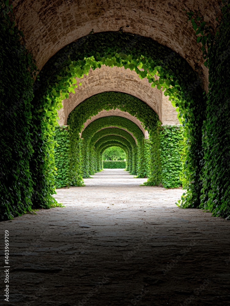 Fototapeta premium A beautiful tunnel of green ivy arches over a stone pathway.