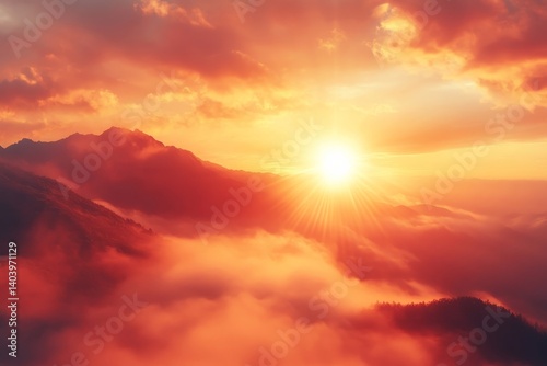 Natural fog and mountains sunlight background blurring, misty waves warm colors and bright sun light. Christmas background sky sunny color orange light patterns, abstract flare evening on clouds, Gene