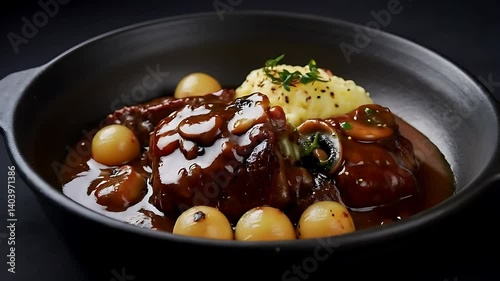 Serving Tasty Beef Stew with Potatoes and Onions in Dark Bowl