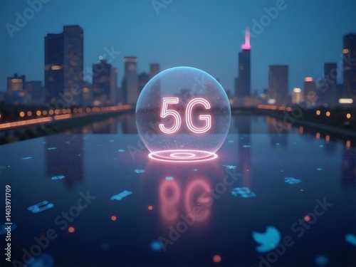 Wallpaper Mural Glowing 5G Sphere Over Reflective Surface Illuminating Modern City Skyline At Night Torontodigital.ca