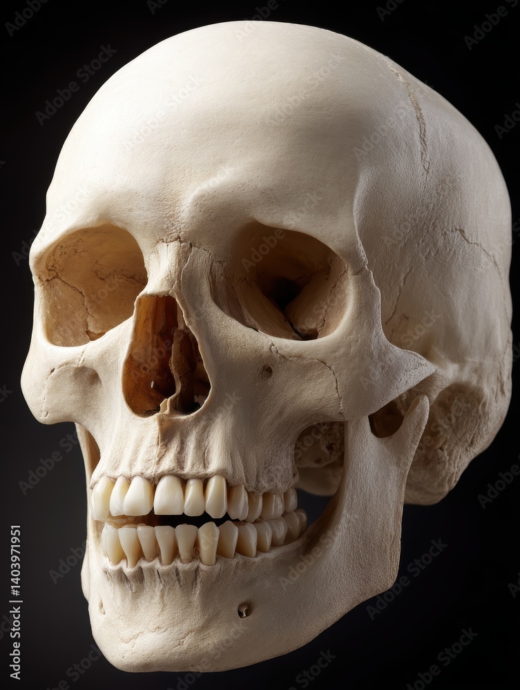 Obraz premium Human skull on a black background.