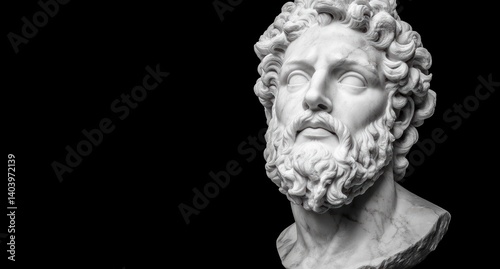 Marble bust of a bearded man against a black background.