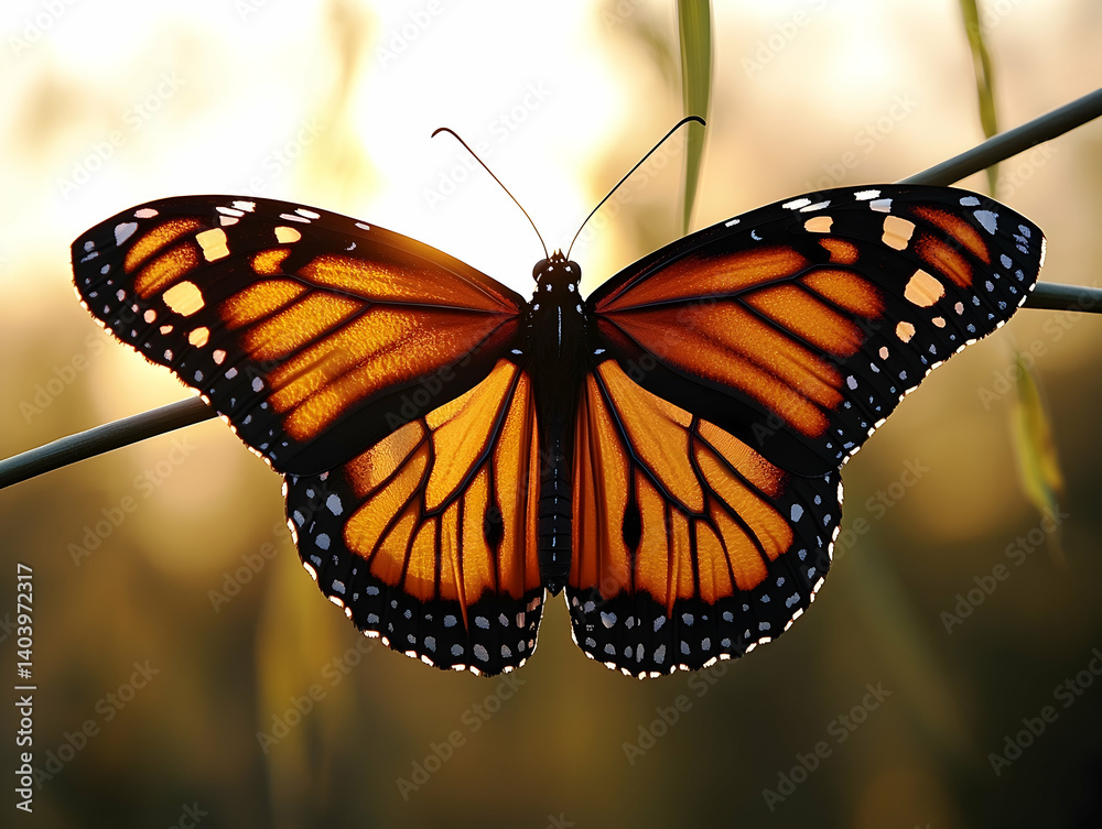 Fototapeta premium Vivid orange butterfly with black veins and white spots sits on a thin stem Wings are open