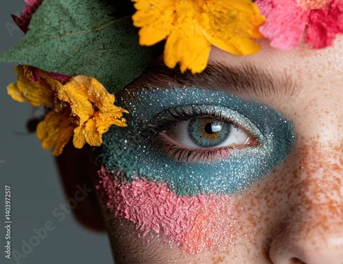 Fototapeta Close-up of a woman's face with colorful glitter makeup and flowers.