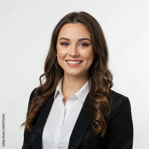 Smiling woman in blazer portrait on white background