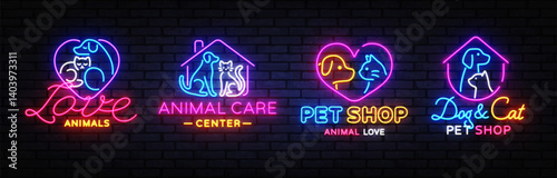 Collection of pet logo designs with dog, cat, neon, animal, and shop themes, featuring texts like Love Animals and Pet Shop.