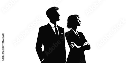 Vector silhouettes of a man and a woman, a couple of business people standing in profile, looking up, black color on a white background