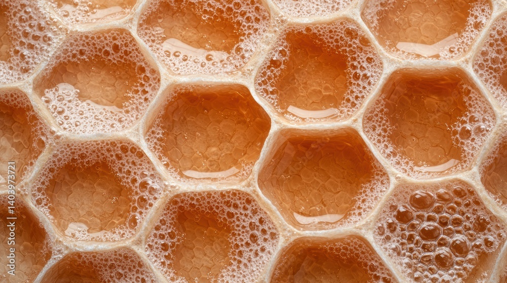 Close-up of honeycomb cells filled with honey and bubbles. Close-up of honeycomb cells filled with honey and bubbles.