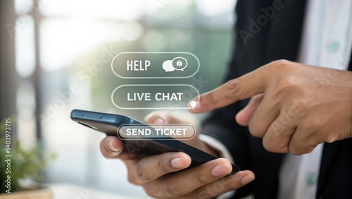 Live Chat Support on Mobile: A close-up shot of a person's hands using a smartphone, interacting with a digital interface offering options for help, live chat, and sending a ticket.