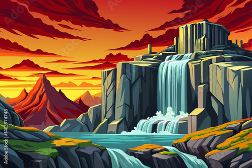 cartoon falls a silky smooth waterfall against a rock face cliff with splashing water at its base at sunset time