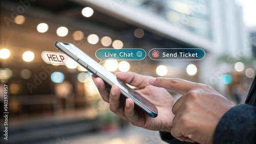 Smartphone Support: A close-up shot highlights the user's hand as he interacts with a smartphone, navigating support options of the apps with interactive bubbles over a bright cityscape background.