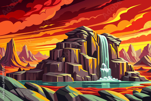 cartoon falls a silky smooth waterfall against a rock face cliff with splashing water at its base at sunset time