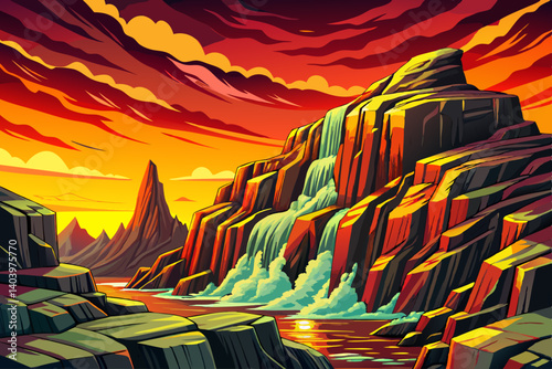 cartoon falls a silky smooth waterfall against a rock face cliff with splashing water at its base at sunset time