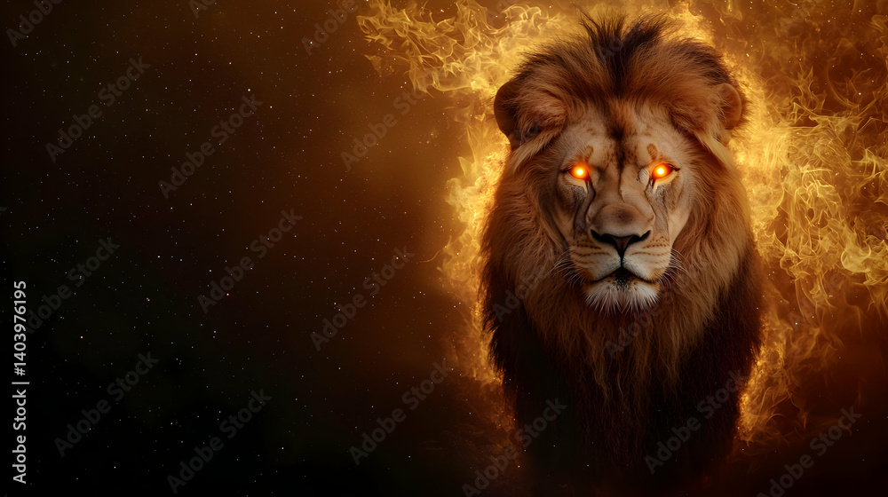Naklejka premium Majestic Lion Head Surrounded By Fiery Flames With Glowing Orange Eyes and Dark Background