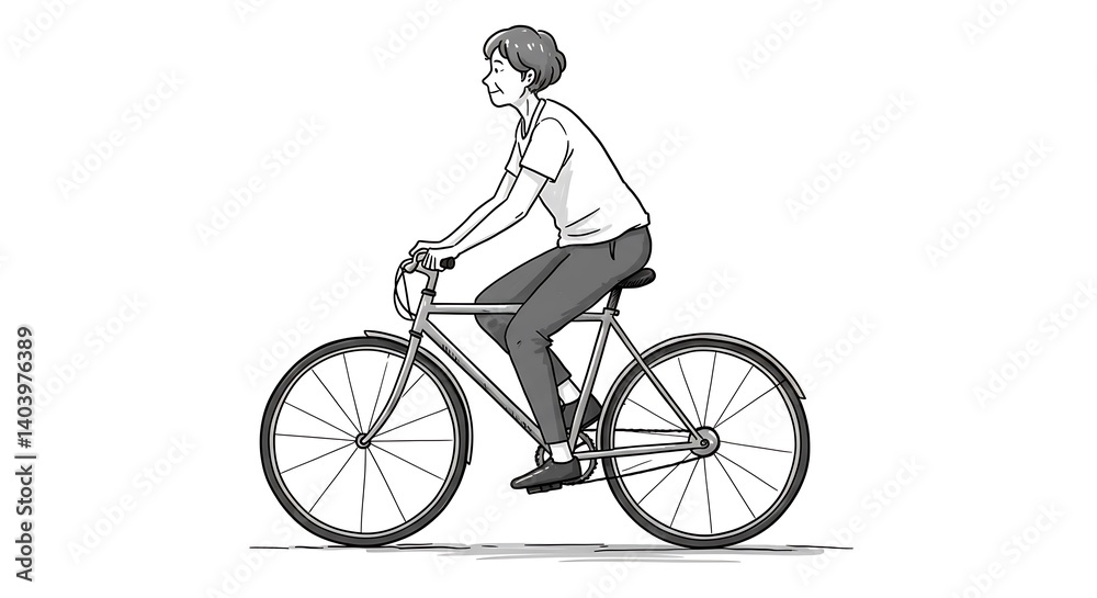 Obraz premium Monochrome illustration of a woman riding a bicycle on a white background