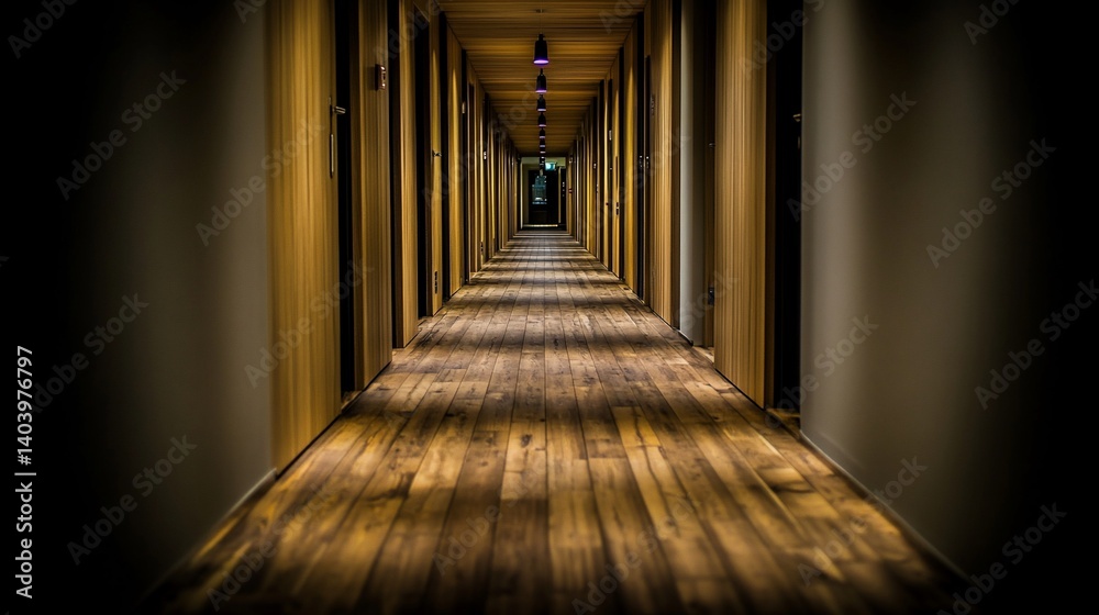 Naklejka premium Long hotel corridor with wooden floor and doors