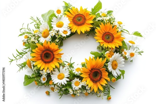 a sunflower and daisy wreath, bright and cheerful with natural textures, isolated on white background