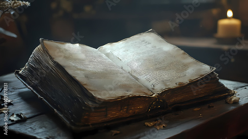 An open magic book on an old table. Legendary Tome. Illustration