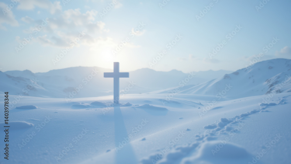 A serene snowy landscape with a large cross standing out against the horizon. A serene snowy landscape with a large cross standing out against the horizon.