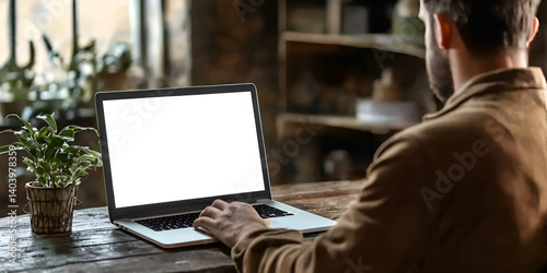 hands typing on a laptop with a blank screen over a office background, side view, mockup template for online work or writing a blog post