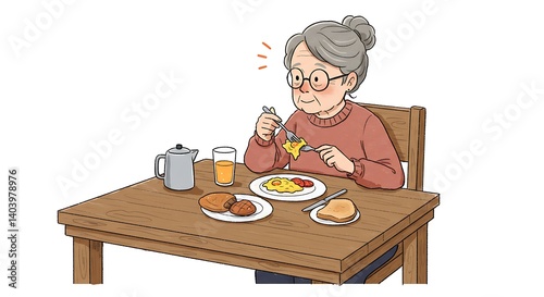 Illustration of a contented senior woman enjoying a delightful breakfast meal