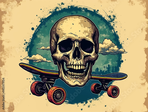 A detailed skull illustration hovers above a skateboard, symbolizing the connection between art and skateboarding. The vintage style enhances the edgy aesthetic, creating a striking visual.
