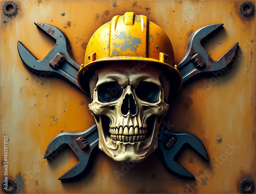 Skull with yellow hard hat and crossed wrenches on a rusty background creates a unique industrial design