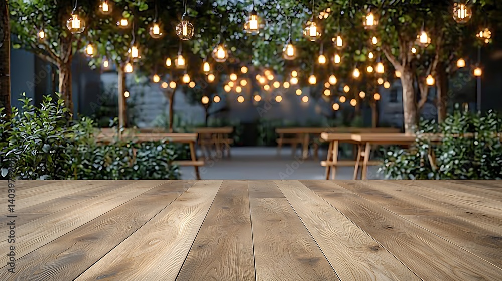 Fototapeta premium Rustic Wooden Tabletop Background Under String Lights
