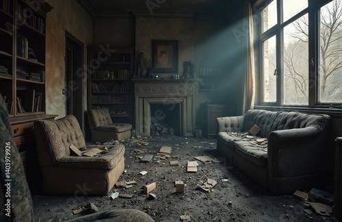 Interior of burnt apartment after fire. Burned room, damaged furniture, charred household items, debris. Destruction, disaster, loss. Dark ambiance after accident, inferno. Arson, insurance.