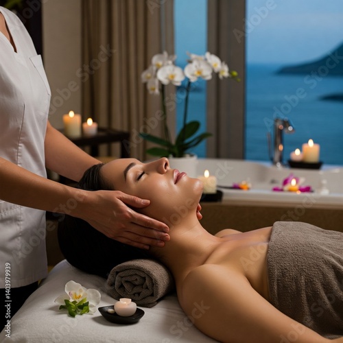 An attractive woman with her eyes closed and a peaceful expression enjoys a face massage, captured in a close-up during a beauty procedure.