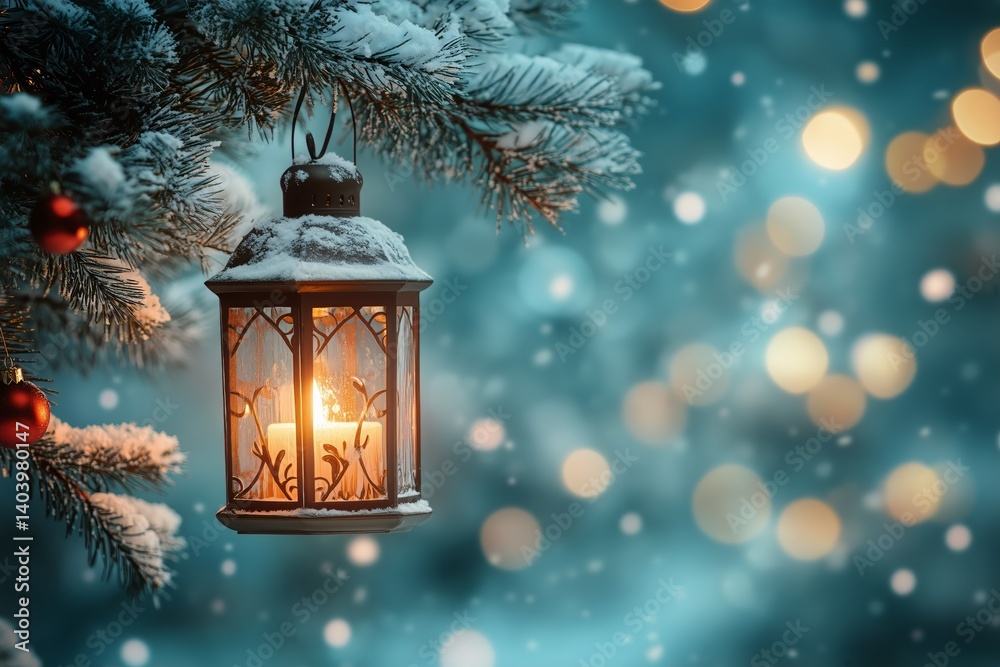 Warm Lantern Glowing on a Snowy Tree Branch With Holiday Lights in a Winter Setting Warm Lantern Glowing on a Snowy Tree Branch With Holiday Lights in a Winter Setting