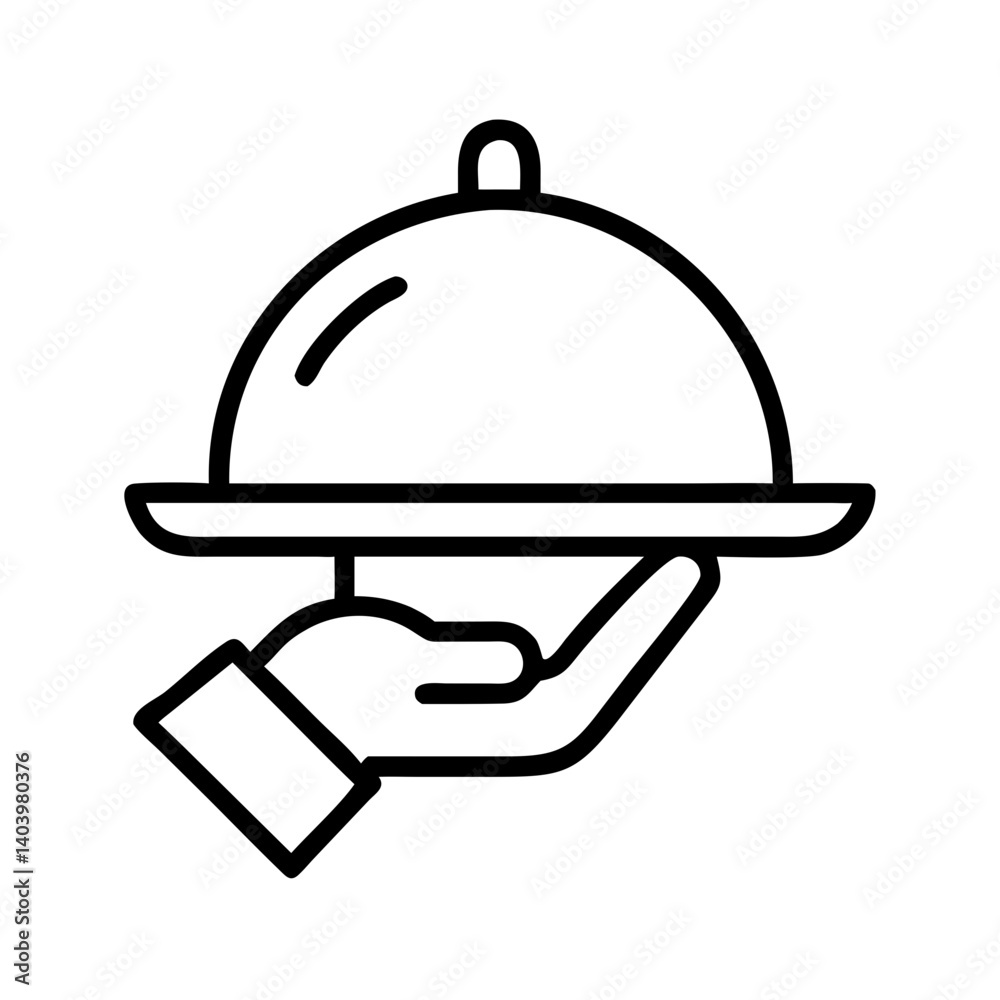 Minimalist black line icon of hand holding serving tray with cloche, room service or restaurant symbol for hotel, catering or hospitality design