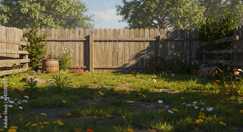 tranquil village garden with flowers and wooden fence  