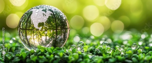 Globe with dew on clover, shows reflections of trees and North America map