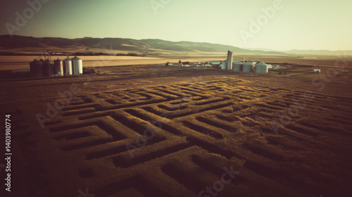 Wide-angle aerial image of a barley maze glowing in late afternoon sunlight, maze lines defined with burnt sienna shadows, sky filled with streaks of lavender and amber