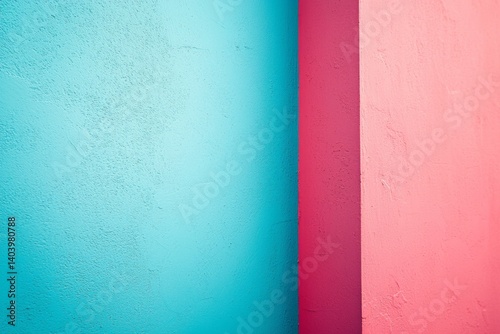 Abstract composition of textured walls showcases striking contrast with distinct hues of turquoise and pink