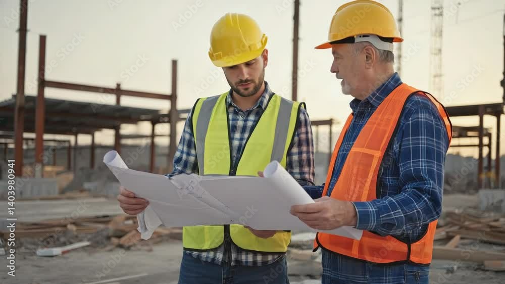Two workers in hard hats and vests examining blueprints on a construction site. Two workers in hard hats and vests examining blueprints on a construction site.