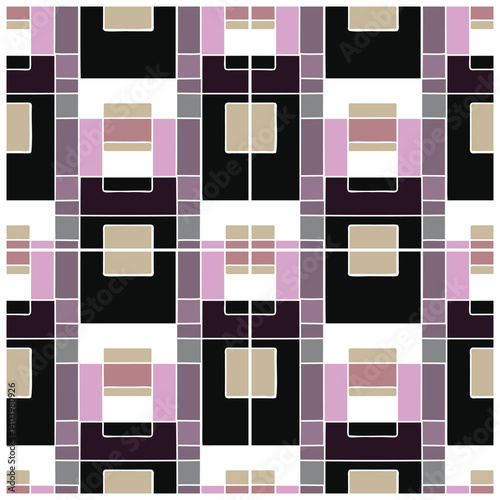 A geometric pattern of squares and rectangles in shades of purple, black, and beige, arranged in a repetitive grid design.