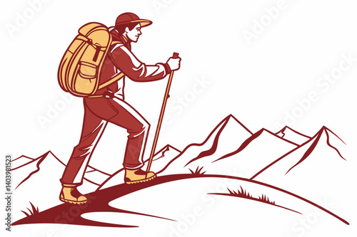 Adventurous Hiking: A hiker with backpack and hiking sticks strides confidently on a mountain peak, embodying the spirit of adventure and the thrill of exploring the great outdoors.