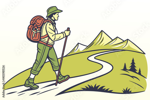 Embarking the Journey: A Solo Hiker on a Scenic Trail Amidst rolling green hills and a meandering pathway, a solitary figure begins a trek. The illustration evokes feelings of adventure, exploration.