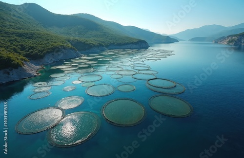 Spectacular aerial view fish farm aquaculture in Greece. Fish farming development on sea, lake river. Commercial marine production with circular net pens in blue water. Sustainable fishery industry.