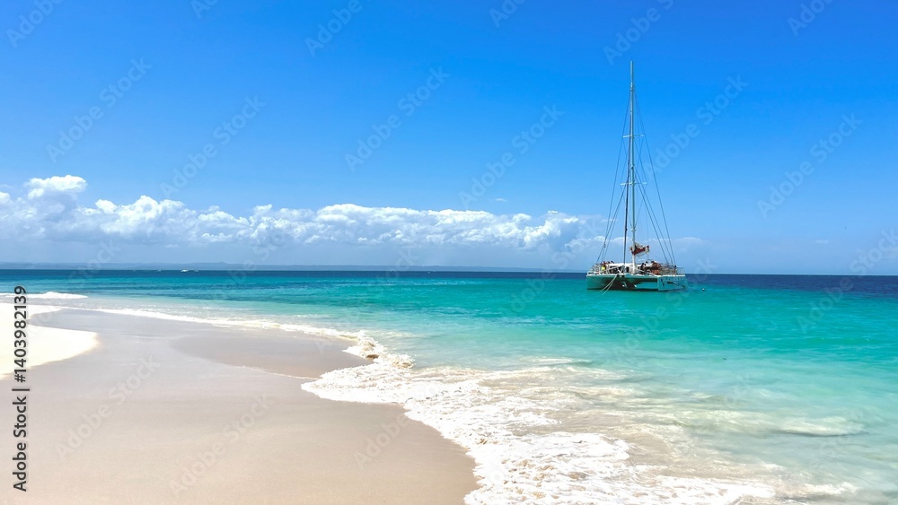 Catamaran anchored off Cayo Levantado Island (or Bacardi Island) in the Dominican Republic Catamaran anchored off Cayo Levantado Island (or Bacardi Island) in the Dominican Republic