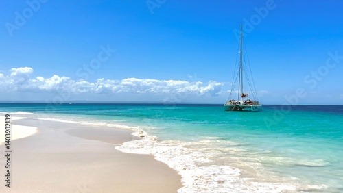 Catamaran anchored off Cayo Levantado Island  (or Bacardi Island)  in the Dominican Republic