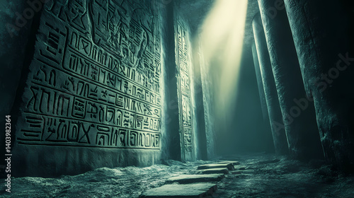 Ancient ruins featuring hieroglyphs, cuneiform, and runic script in a mysterious temple. runic. illustration. Runic Script. Illustration