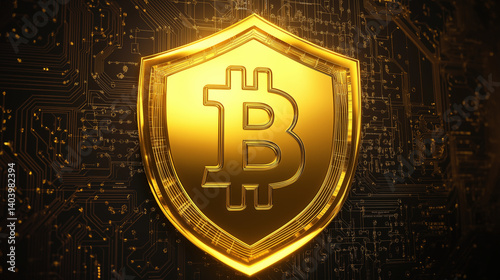 Golden Bitcoin shield, secure cryptocurrency and blockchain protection concept photo